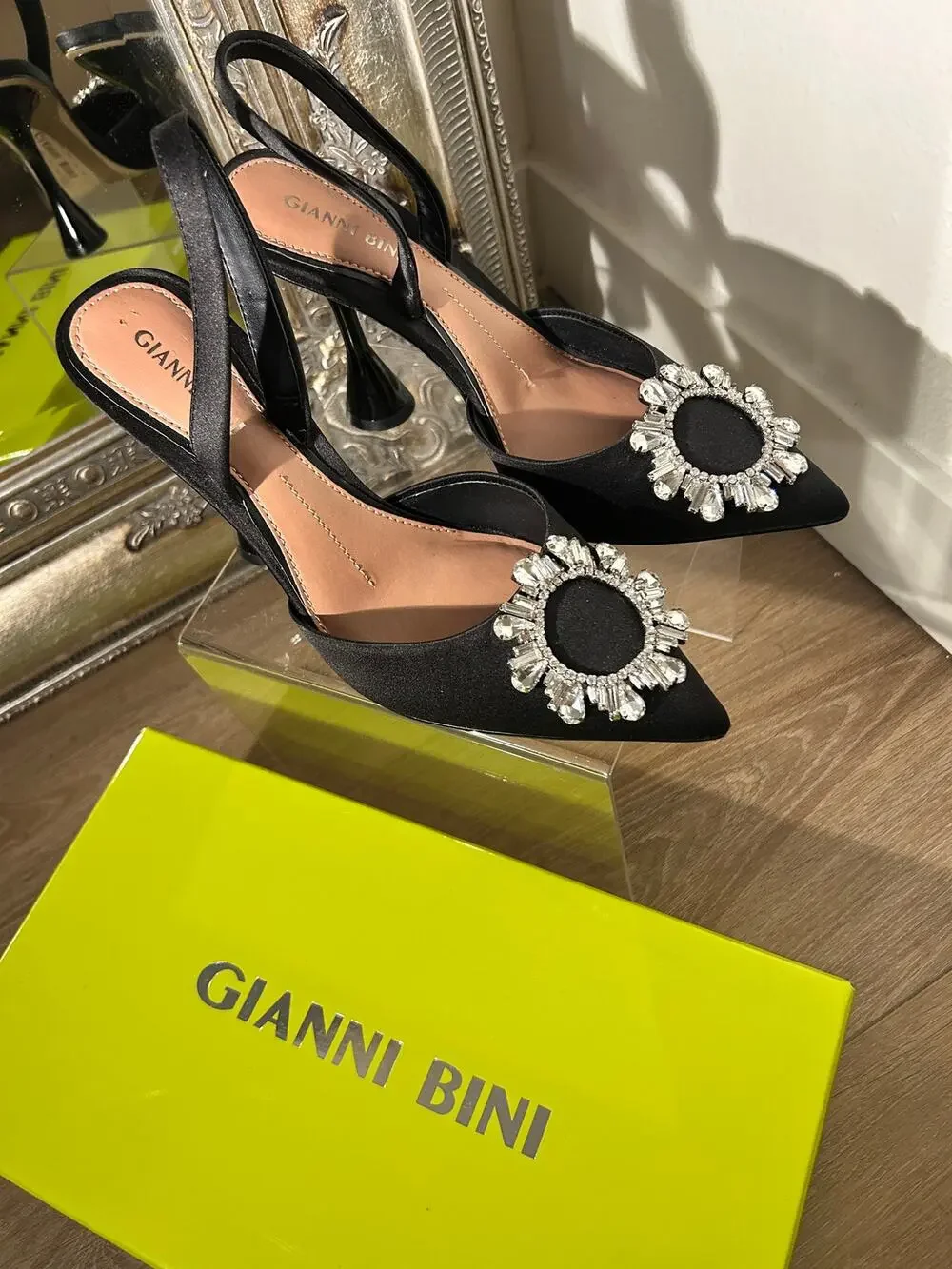 Black Satin Crystal Embellished Slingback Heels by Gianni Bini Size 7 $135
